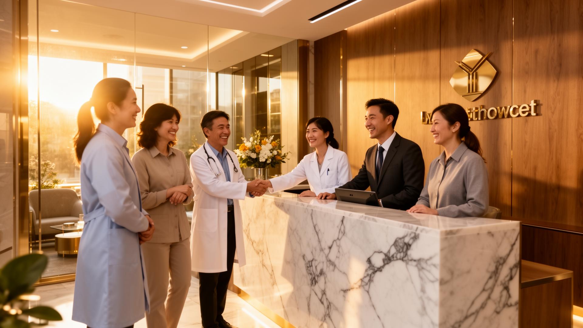 Recepção premium de clínica médica com pacientes fidelizados